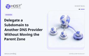 DCHost guide: Delegate a Subdomain to Another DNS Provider Without Moving the Parent Zone. One branch of a ceramic tree extends to a separate rounded node while the other branches remain connected to the main trunk.
