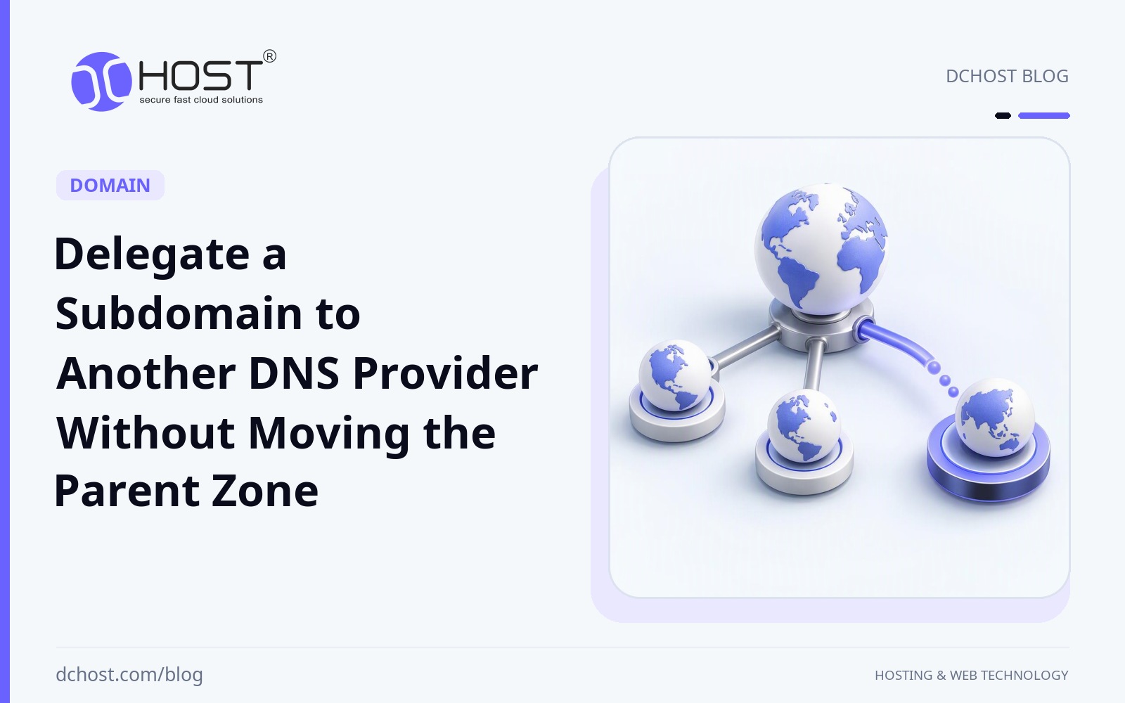 DCHost guide: Delegate a Subdomain to Another DNS Provider Without Moving the Parent Zone. One branch of a ceramic tree extends to a separate rounded node while the other branches remain connected to the main trunk.