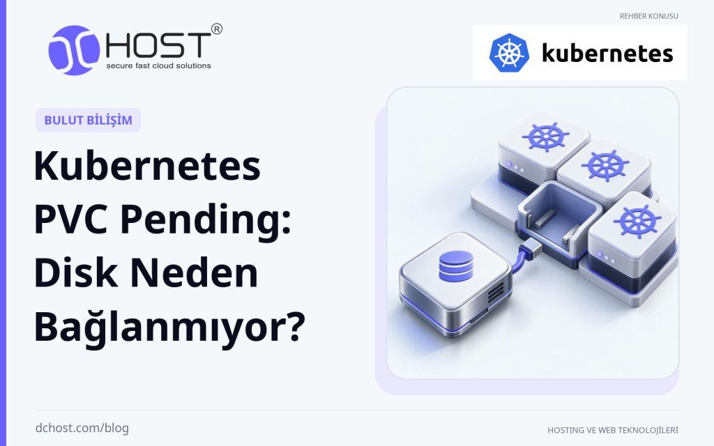 DCHost rehberi: Kubernetes PVC Pending: Disk Neden Bağlanmıyor? Modüler bir kümedeki boş yuvanın yanında bir disk kartuşu duruyor; kısa bağlantı parçası aradaki boşlukta sonlanıyor. Özgün Kubernetes logosu.