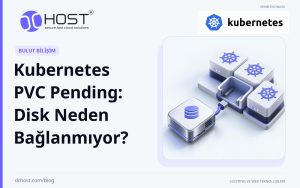 DCHost rehberi: Kubernetes PVC Pending: Disk Neden Bağlanmıyor? Modüler bir kümedeki boş yuvanın yanında bir disk kartuşu duruyor; kısa bağlantı parçası aradaki boşlukta sonlanıyor. Özgün Kubernetes logosu.