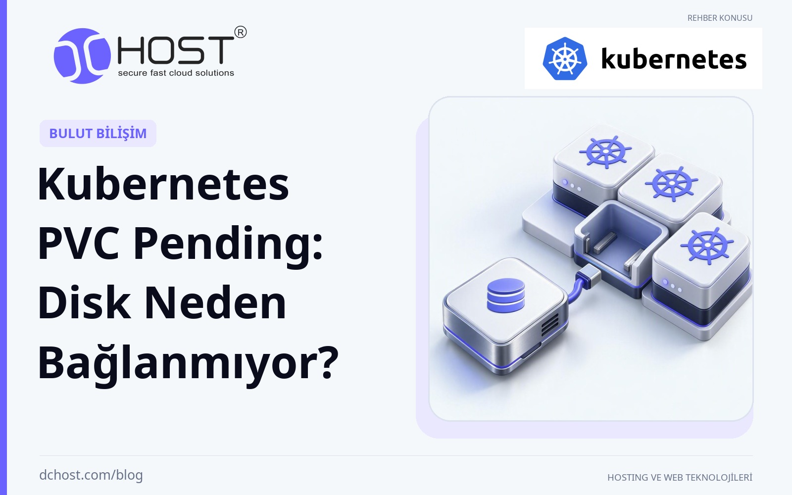 DCHost rehberi: Kubernetes PVC Pending: Disk Neden Bağlanmıyor? Modüler bir kümedeki boş yuvanın yanında bir disk kartuşu duruyor; kısa bağlantı parçası aradaki boşlukta sonlanıyor. Özgün Kubernetes logosu.