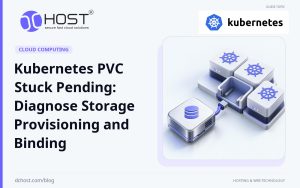 DCHost guide: Kubernetes PVC Stuck Pending: Diagnose Storage Provisioning and Binding. A storage cartridge sits beside an empty socket in a modular cluster, with a short connector ending at the gap. Original Kubernetes logo.