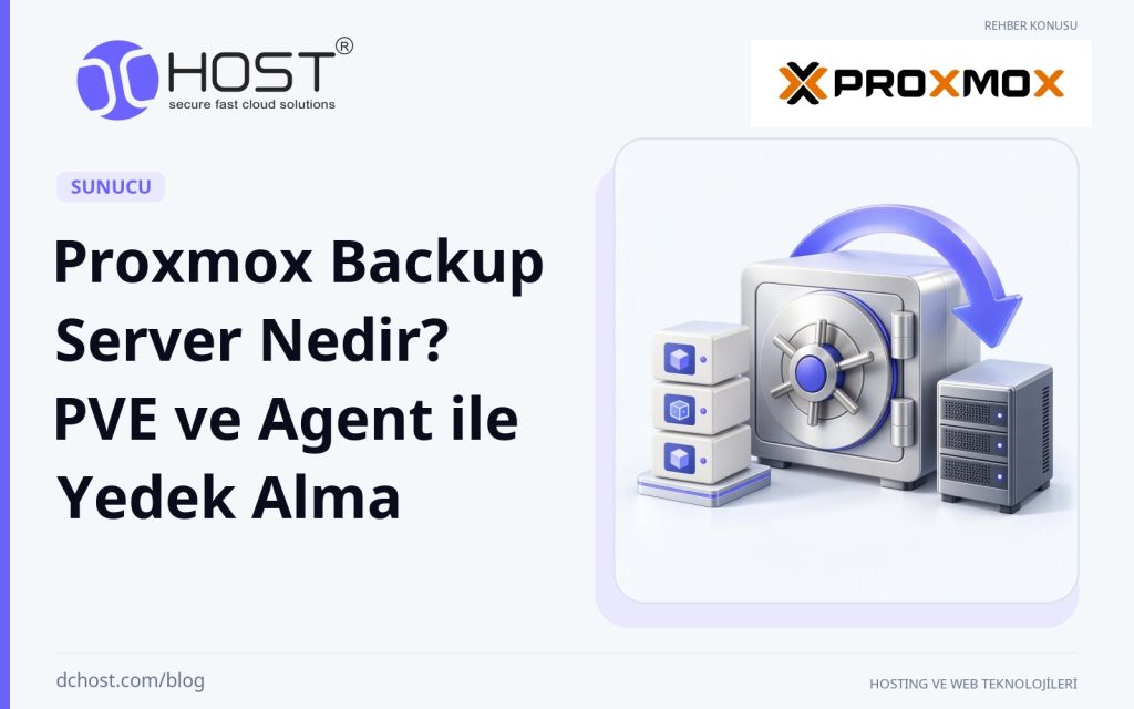 DCHost rehberi: Proxmox Backup Server Nedir? PVE ve Agent ile Yedek Alma. Açık renkli zeminde, sanal makine katmanları ve fiziksel sunucuyla birlikte duran mor vurgulu üç boyutlu yedekleme kasası. Özgün Proxmox logosu.