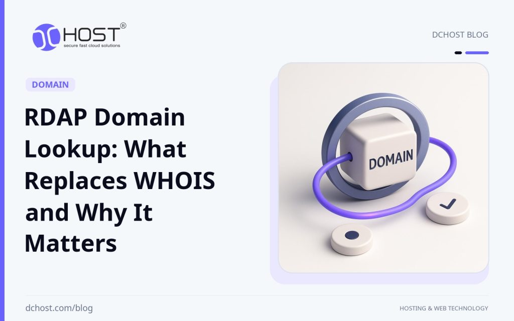 DCHost guide: RDAP Domain Lookup: What Replaces WHOIS and Why It Matters. A violet domain node, a metal registry ring, and two ivory data tokens appear in a simple studio scene.