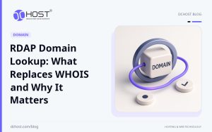 DCHost guide: RDAP Domain Lookup: What Replaces WHOIS and Why It Matters. A violet domain node, a metal registry ring, and two ivory data tokens appear in a simple studio scene.