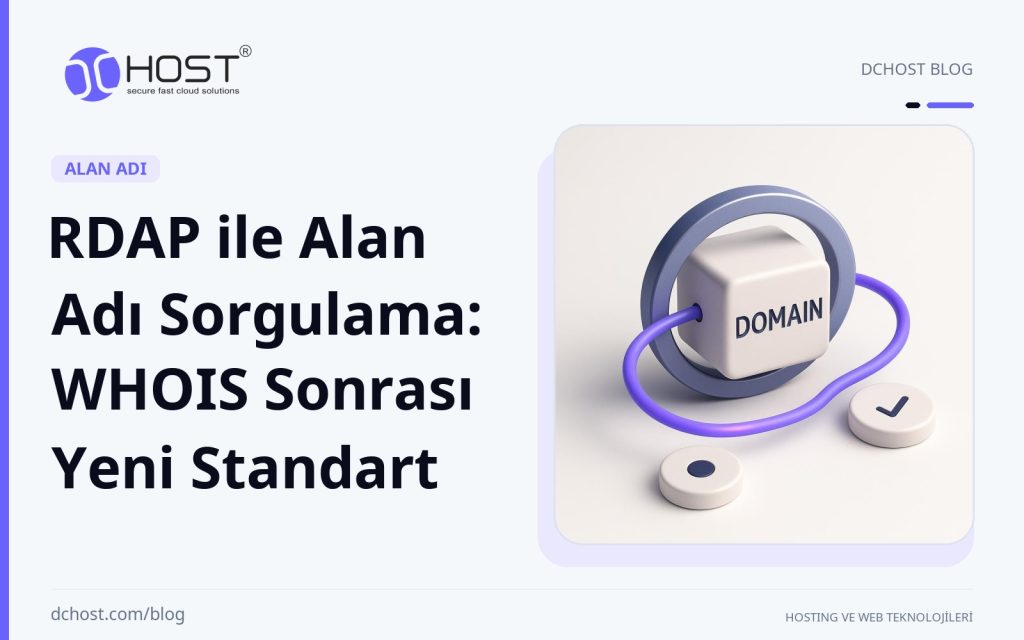 DCHost rehberi: RDAP ile Alan Adı Sorgulama: WHOIS Sonrası Yeni Standart. Mor bir alan adı düğümü, metal bir kayıt halkası ve iki fildişi veri parçasıyla sade bir stüdyo sahnesinde görülüyor.