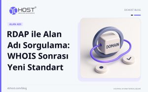 DCHost rehberi: RDAP ile Alan Adı Sorgulama: WHOIS Sonrası Yeni Standart. Mor bir alan adı düğümü, metal bir kayıt halkası ve iki fildişi veri parçasıyla sade bir stüdyo sahnesinde görülüyor.
