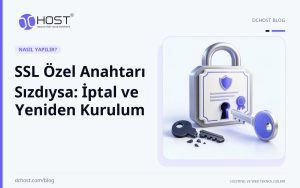 DCHost rehberi: SSL Özel Anahtarı Sızdıysa: İptal ve Yeniden Kurulum. Kilit çerçevesindeki sertifika levhasının yanında kırık bir anahtar dururken yeni bir anahtar kilit deliğine yöneliyor.