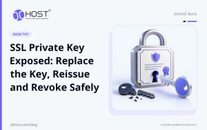 DCHost guide: SSL Private Key Exposed: Replace the Key, Reissue and Revoke Safely. A broken key rests beside a certificate plaque in a lock frame, while a fresh key points toward the keyhole.