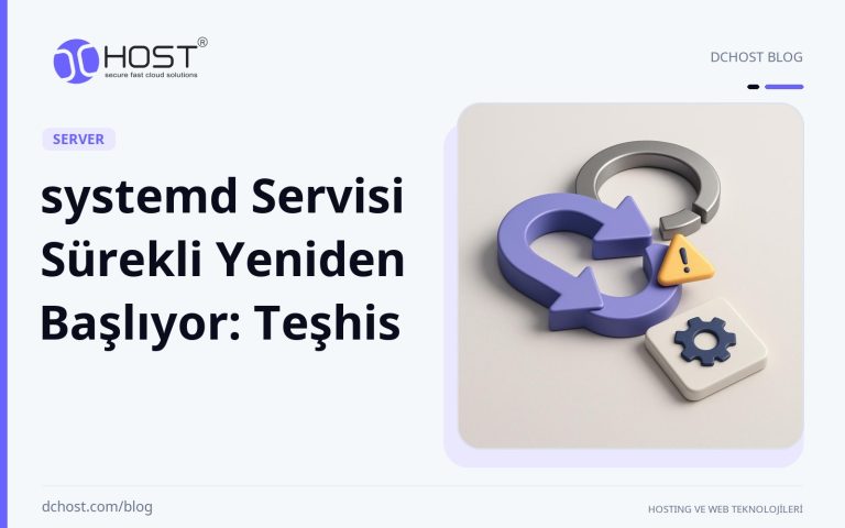 DCHost rehberi: systemd Servisi Sürekli Yeniden Başlıyor: Teşhis. Kırılmış bir başlat-durdur halkası ve küçük uyarı darbesiyle çevrili stilize bir servis modülü.