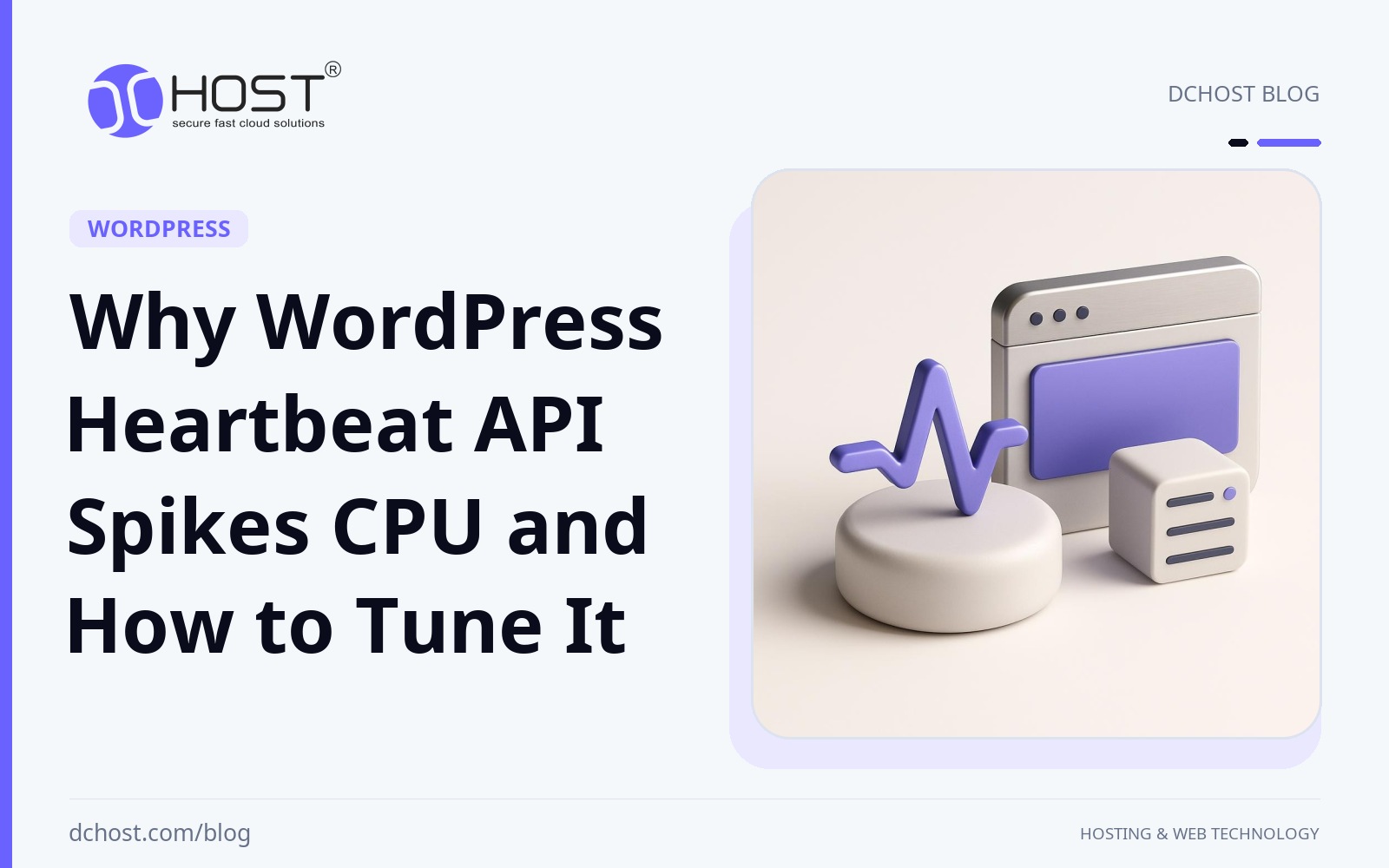 DCHost guide: Why WordPress Heartbeat API Spikes CPU and How to Tune It. A violet ceramic communication hub connects to a metal browser token beside a small server coil representing repeated activity.