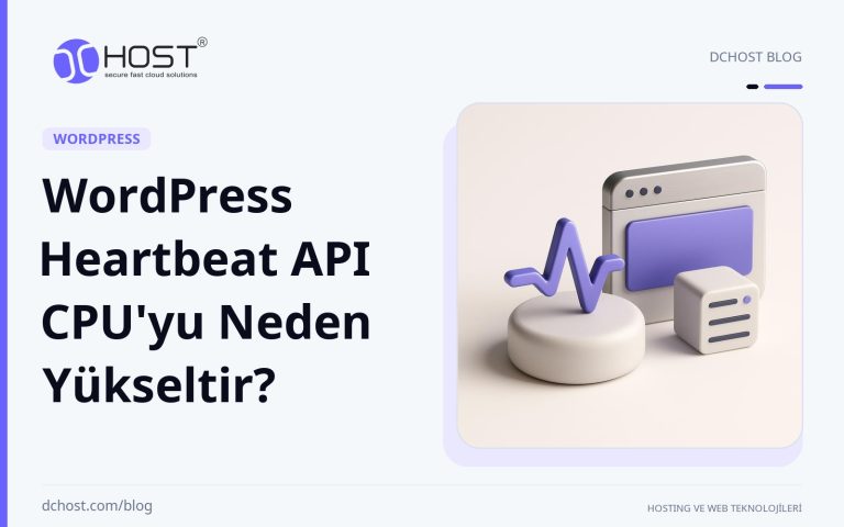 DCHost rehberi: WordPress Heartbeat API CPU'yu Neden Yükseltir? Viyole seramik bir iletişim merkezi, metal bir tarayıcı simgesi ve tekrarlanan etkinliği anlatan küçük bir sunucu yayıyla gösteriliyor.