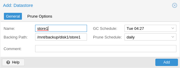 PBS Add Datastore formunda depo adı, Backing Path dizin yolu, GC ve Prune zamanlamaları